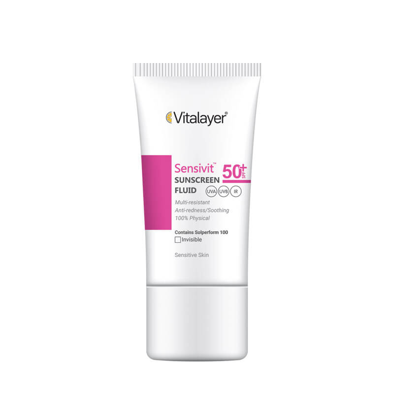 فلوئید ضد آفتاب بی رنگ ویتالیر spf 50 مدل 0128 مناسب پوست های حساس حجم 50 میلی لیتر